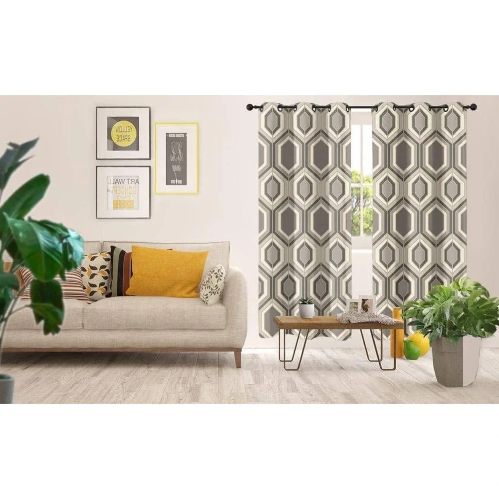 Modern Hexagon Geometric Grommet Curtain Panels 42x63 Set of 2 SEE PICS‎